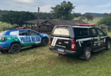 Viaturas da Polícia Civil e Militar estacionadas durante operação.
