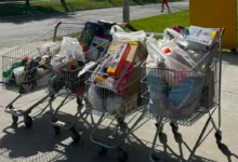 Carrinhos de compras cheios de mercadorias em loja de fábrica, detidos pela Polícia Militar de Goiás.