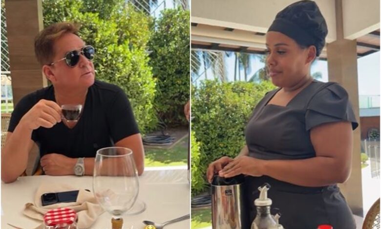 Cantor Leonardo em momento descontraído com sua funcionária Lurdes.