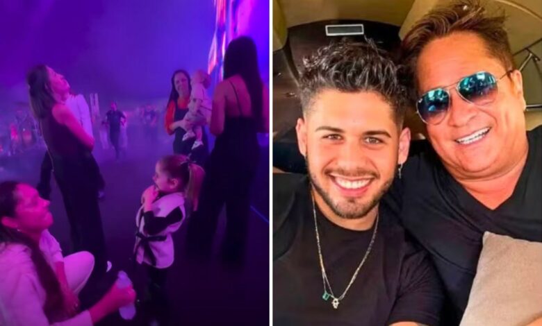 Zé Felipe no palco com seus filhos e Leonardo durante show em Goiânia.