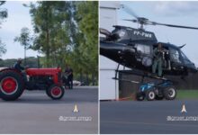Gusttavo Lima em trator ao lado de helicóptero da polícia em sua fazenda.