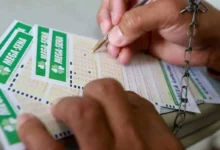 Bilhete de aposta da Mega-Sena com números sorteados.