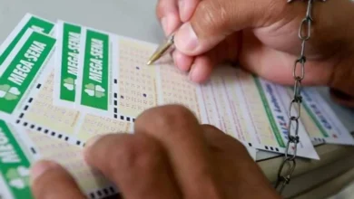 Bilhete de aposta da Mega-Sena com números sorteados.