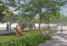 Projeto do Parque do Morro da Serrinha com áreas verdes e pistas de caminhada.