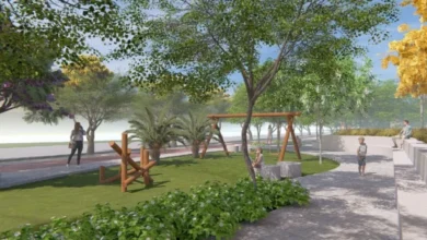 Projeto do Parque do Morro da Serrinha com áreas verdes e pistas de caminhada.
