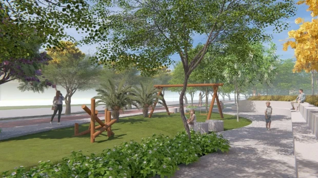 Projeto do Parque do Morro da Serrinha com áreas verdes e pistas de caminhada.