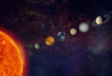 Ilustração de planetas alinhados no Sistema Solar.