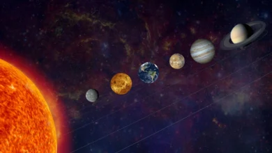 Ilustração de planetas alinhados no Sistema Solar.