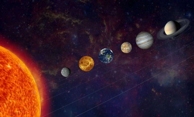 Ilustração de planetas alinhados no Sistema Solar.