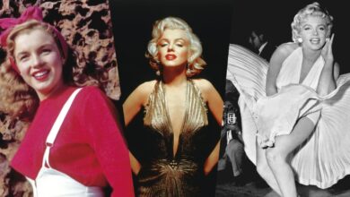 Marilyn Monroe em um set de filmagem, representando sua jornada de sucesso e desafios.