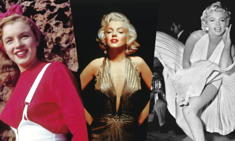 Marilyn Monroe em um set de filmagem, representando sua jornada de sucesso e desafios.