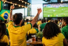 Pessoas assistindo a um jogo de futebol em um bar em Goiânia.