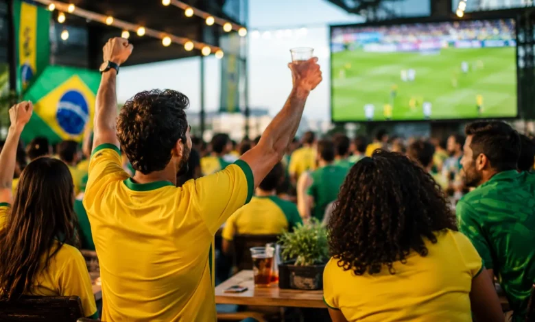 Pessoas assistindo a um jogo de futebol em um bar em Goiânia.