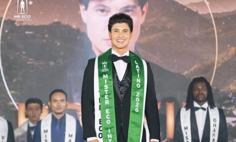 Fleniker Gomes com a faixa de Mister Eco International Latino 2026.