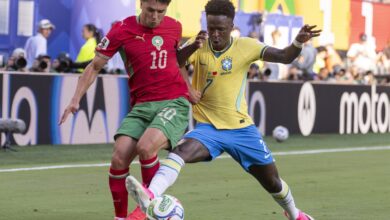 Vini Jr. comemorando gol pelo Brasil contra Marrocos na Copa do Mundo 2026.