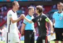 Harry Kane e Luka Modric, jogadores das seleções da Inglaterra e Croácia, respectivamente.
