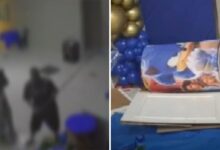 Imagem mostra decoração destruída em festa de aniversário.