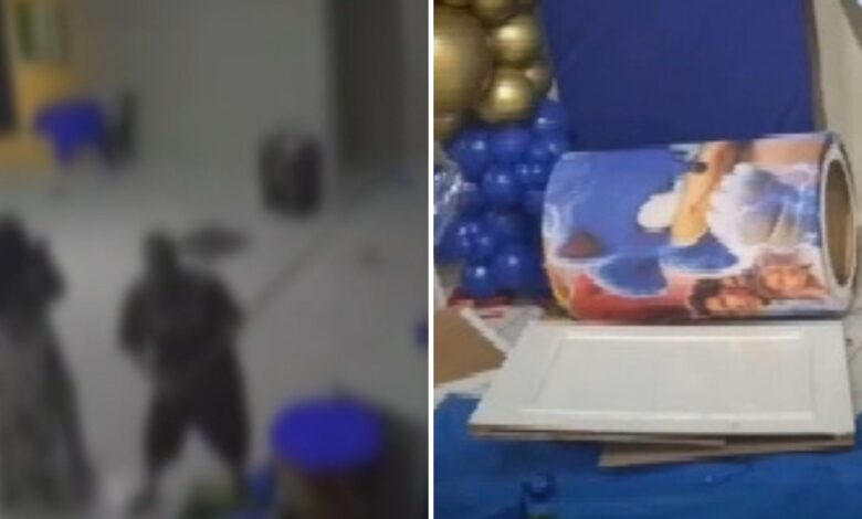 Imagem mostra decoração destruída em festa de aniversário.