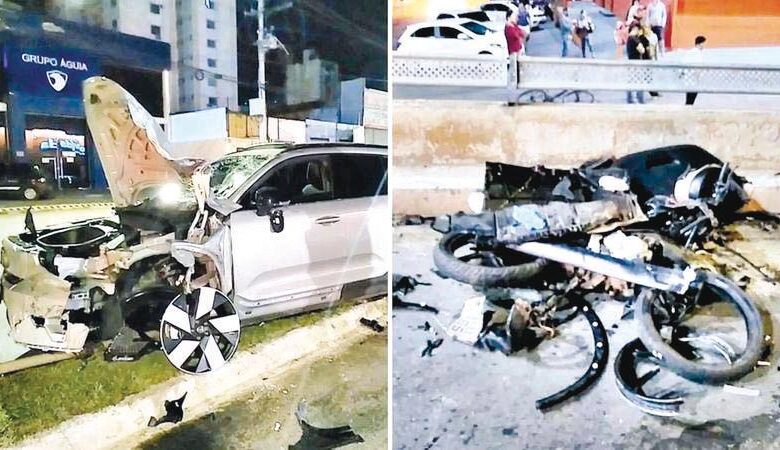Cena do acidente na Avenida T-63 em Goiânia, com veículos danificados.