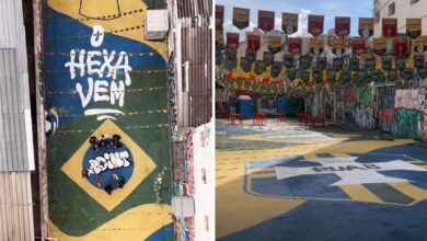 Grafite no Beco da Rua 8 em Goiânia com tema da Copa do Mundo.