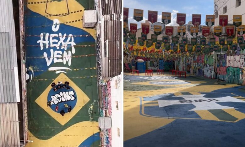 Grafite no Beco da Rua 8 em Goiânia com tema da Copa do Mundo.