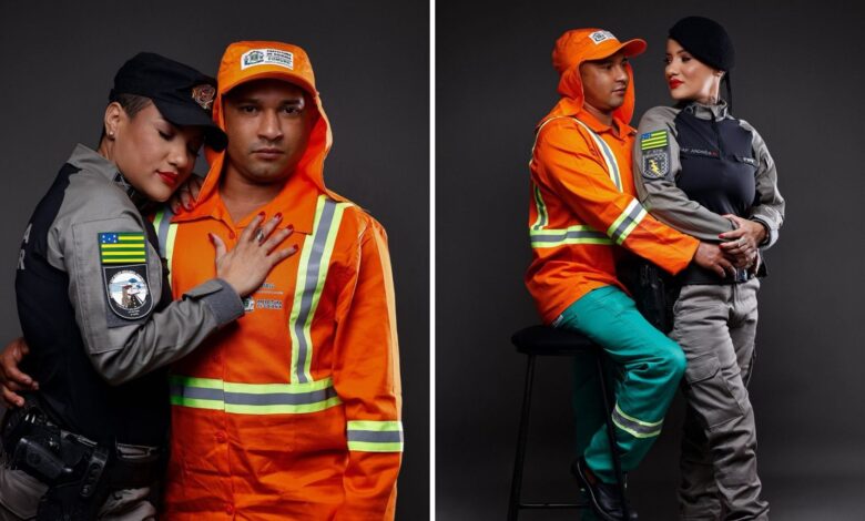 Andreia Guimarães e José Francisco posam juntos em um ensaio fotográfico.