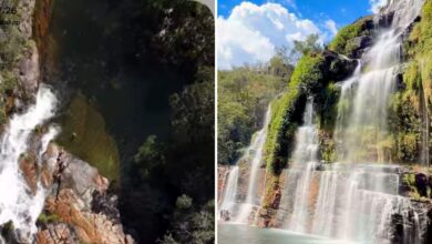 Vista de uma cachoeira na Chapada dos Veadeiros.