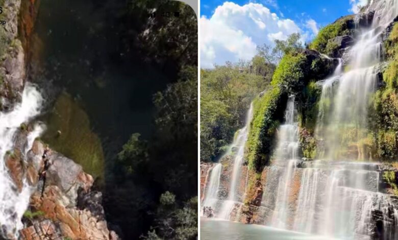 Vista de uma cachoeira na Chapada dos Veadeiros.