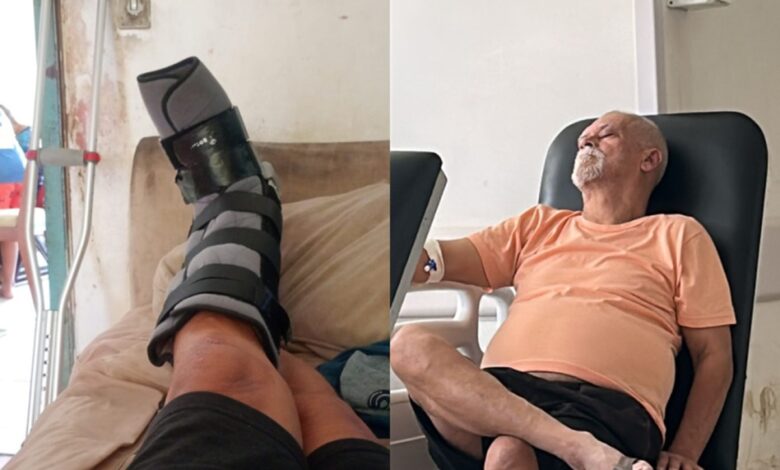 Idoso utilizando bengala para caminhar com segurança.