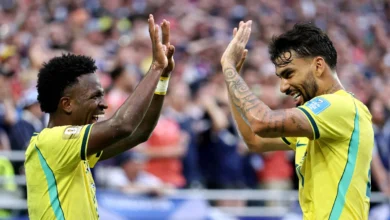 Vini Jr. em ação pelo Brasil contra a Escócia na Copa do Mundo de 2026.
