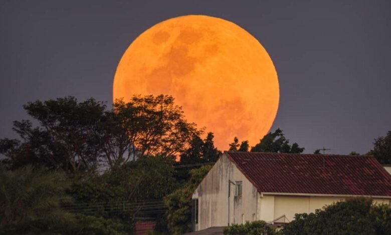 Lua de Morango com tom rosado no céu noturno de Goiás.