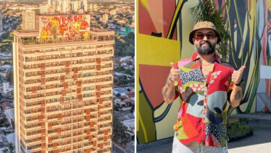 Vista do mural artístico no topo de um prédio em Goiânia.