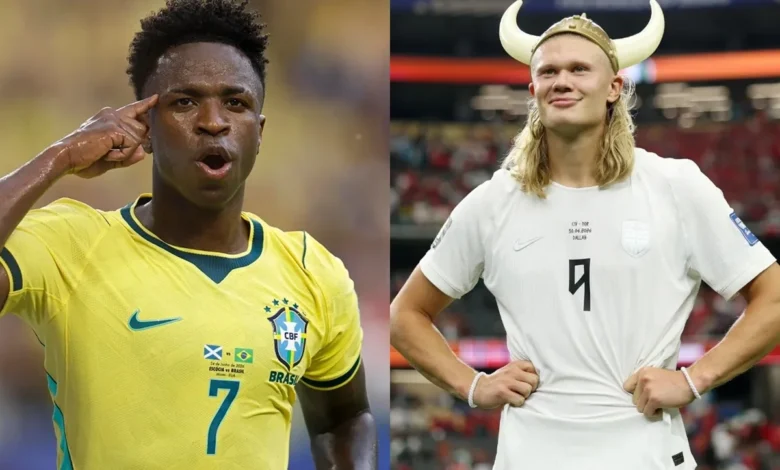 Vini Jr. e Erling Haaland em campo durante a Copa do Mundo de 2026.