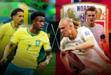 Jogadores da seleção brasileira e norueguesa em campo durante a Copa do Mundo 2026.