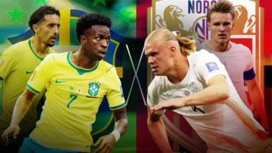 Jogadores da seleção brasileira e norueguesa em campo durante a Copa do Mundo 2026.