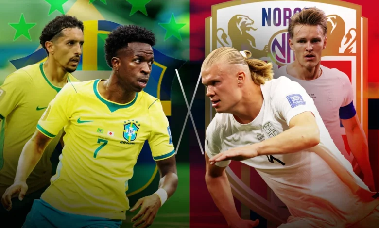 Jogadores da seleção brasileira e norueguesa em campo durante a Copa do Mundo 2026.