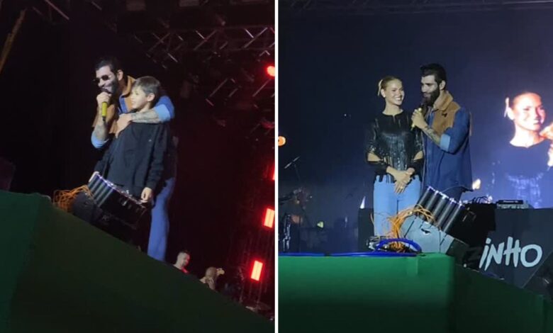 Gusttavo Lima no palco com seu filho Samuel em Rio Verde.