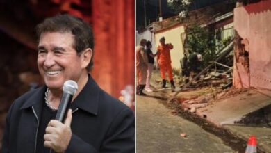 Caminhão desgovernado de Amado Batista colidido com uma casa em Goiânia.
