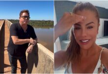 Leonardo e Poliana Rocha sorrindo em casa.