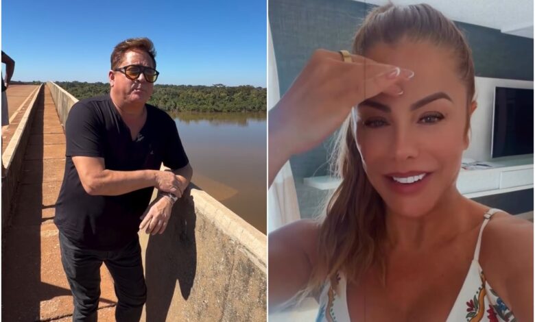 Leonardo e Poliana Rocha sorrindo em casa.