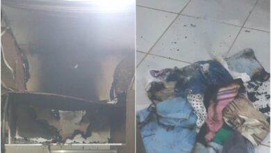 Quarto danificado por incêndio em Itumbiara após explosão de celular.