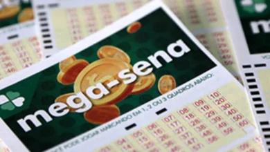 Bilhete de loteria da Mega-Sena exibindo números sorteados.