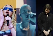 Madonna e Justin Bieber se apresentando na cerimônia de encerramento da Copa 2026.