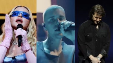 Madonna e Justin Bieber se apresentando na cerimônia de encerramento da Copa 2026.