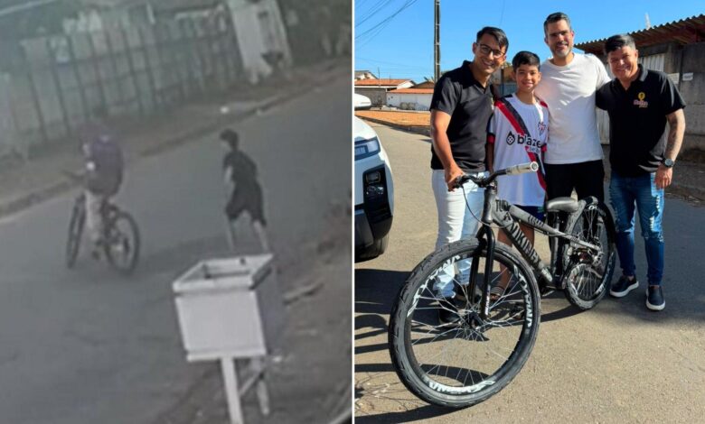 Menino em Goiás com nova bicicleta doada pela comunidade.