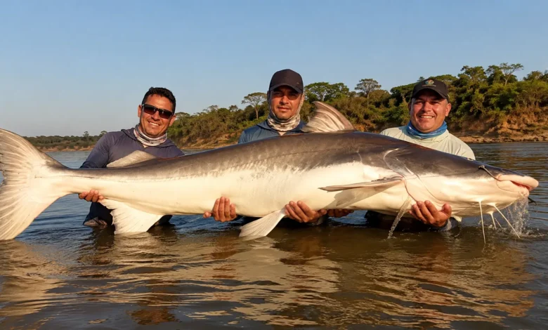Pescador segura uma piraíba de grande porte nas margens do Rio Araguaia.