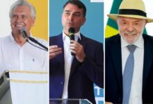 Gráfico de intenções de voto para presidente em Goiás, com Ronaldo Caiado, Flávio Bolsonaro e Lula.