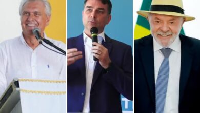Gráfico de intenções de voto para presidente em Goiás, com Ronaldo Caiado, Flávio Bolsonaro e Lula.