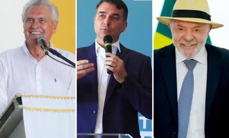 Gráfico de intenções de voto para presidente em Goiás, com Ronaldo Caiado, Flávio Bolsonaro e Lula.