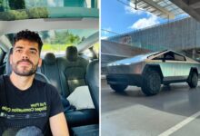 Engenheiro Aurélio Rosa ao lado de seu Tesla Cybertruck em uma estrada rural de Goiás.